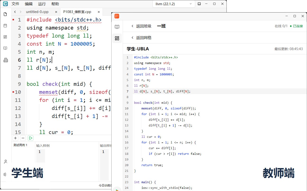 实时同屏看代码实拍：左侧学生端 AlgoCode 正在编写 P1083 借教室题的 C++ 题解，右侧教师端 AlgoClass 同步显示这位学生正在写的同一段代码与在线状态